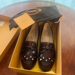 TOD'S Burgundy Leather Kiltie Loafers with Stud Detail